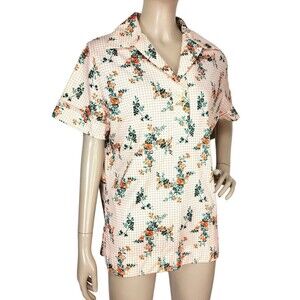 Vintage 60s MOD Check Floral Collared Popover Shirt Orange Blue Women's Size S/M